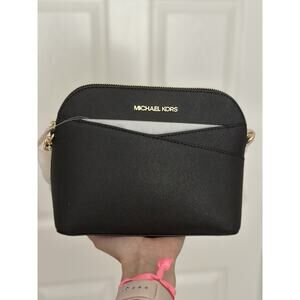 Michael Kors LEATHER Jet Set Travel Saffiano leather Med Dome Crossbody BLACK